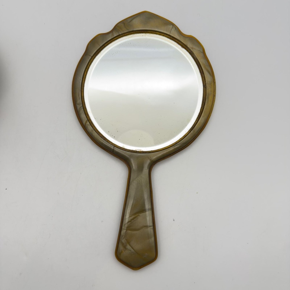 Vintage Celluloid Hand Mirror Marbled Grey Tan Art Deco Vanity Accessory